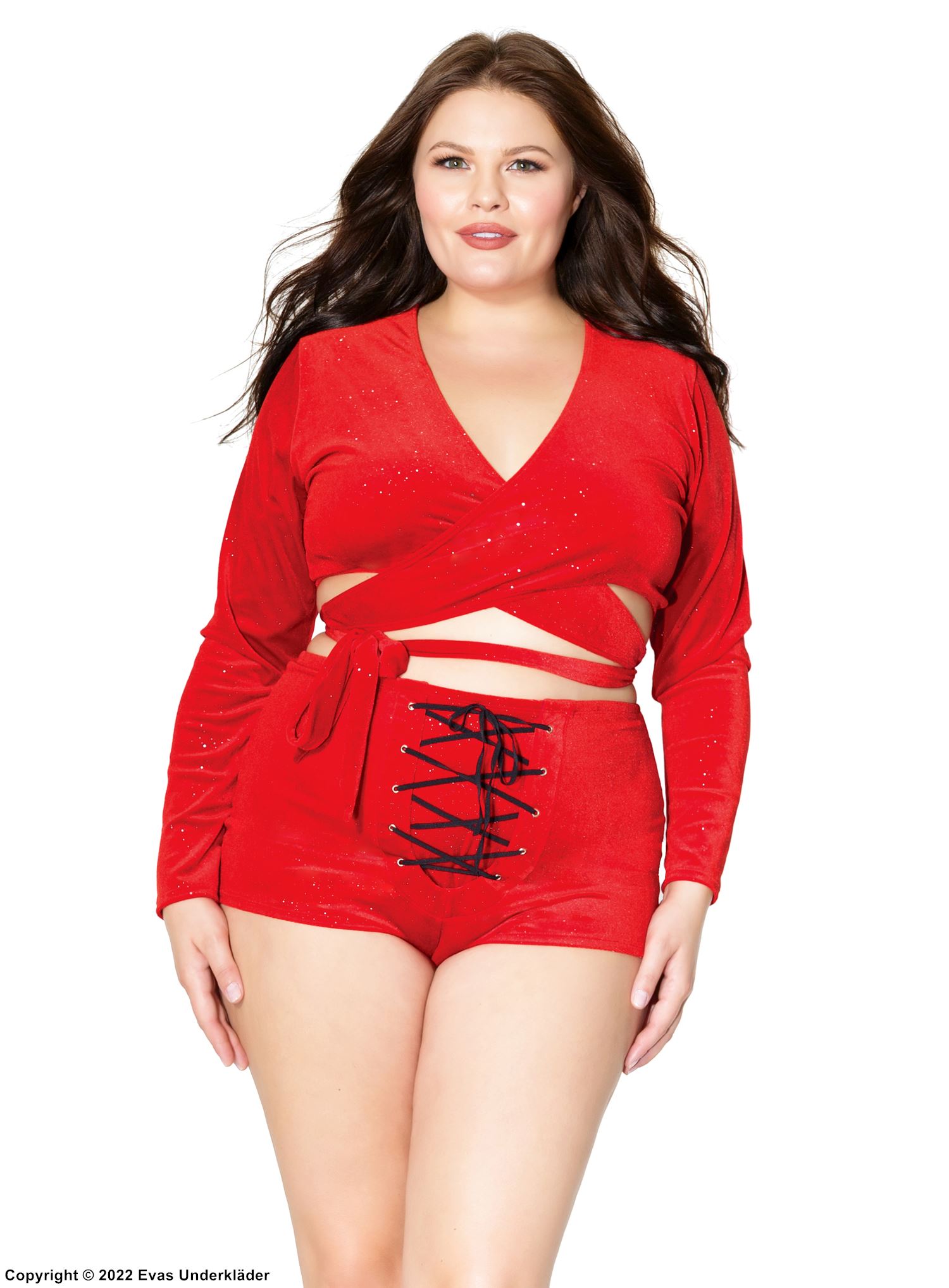 Weihnachtsthema (Frau), Kostümshorts, Samt, Schnürung, Funkeln, hohe Taille, Plus Size